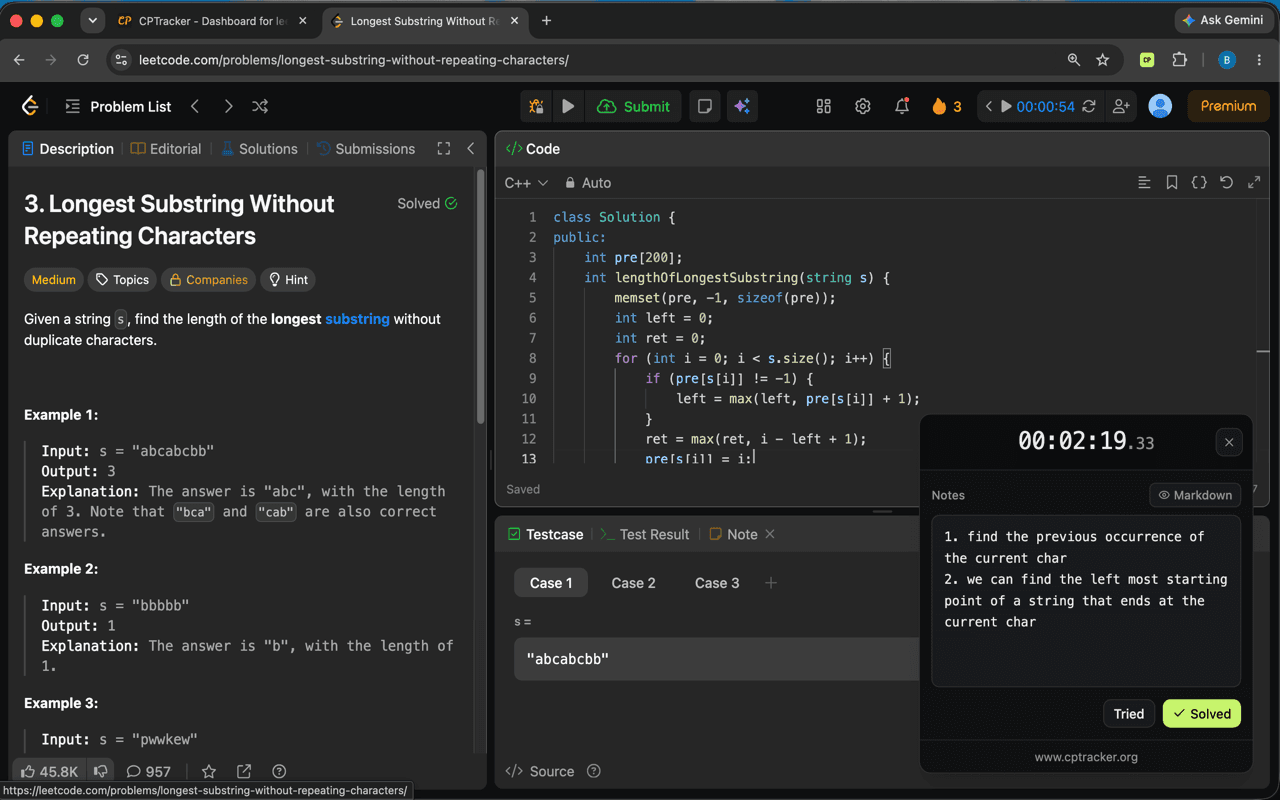 The CPTracker extension panel open on a LeetCode problem with the timer running